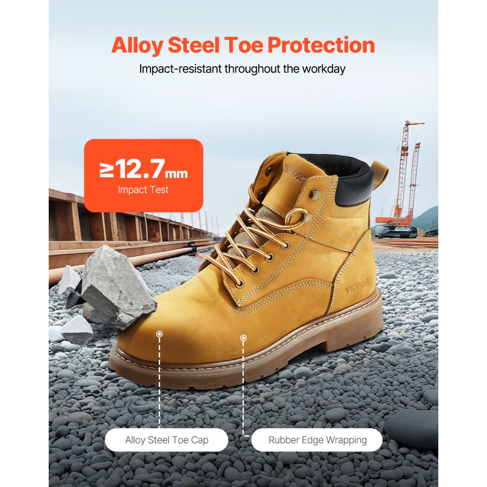 VEVOR Steel Toe Work Boots, US Size 9, Waterproof Work Boots for Men, Slip-Resistant Work Boot, Lightweight and Breathable Rubber Sole Mens Boots for Industry Construction, Brown Yellow