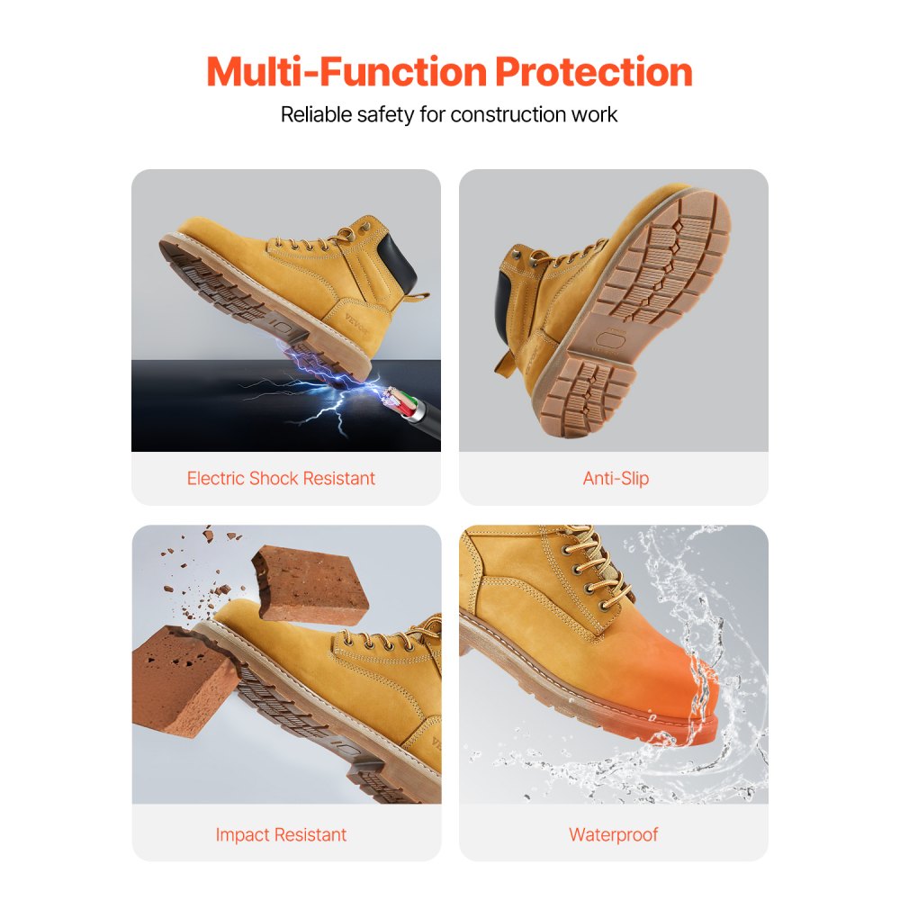 VEVOR Steel Toe Work Boots, US Size 9, Waterproof Work Boots for Men, Slip-Resistant Work Boot, Lightweight and Breathable Rubber Sole Mens Boots for Industry Construction, Brown Yellow