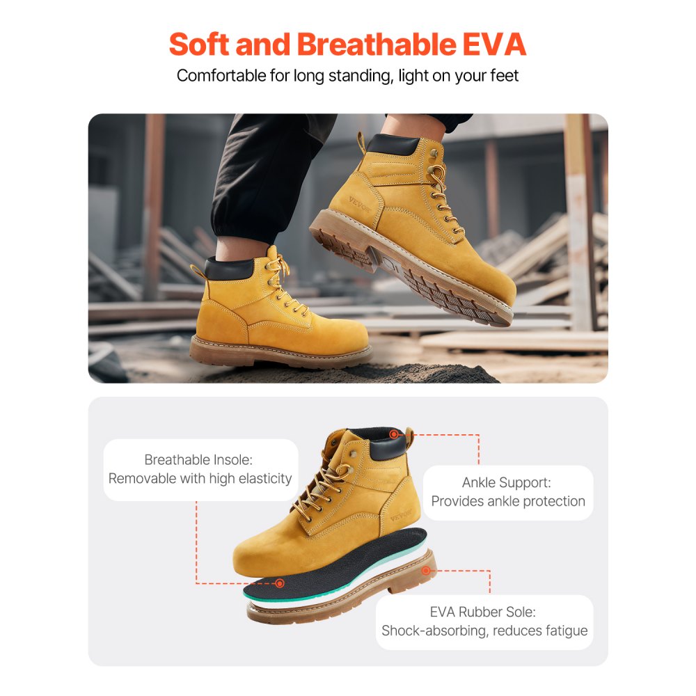 VEVOR Steel Toe Work Boots, US Size 9, Waterproof Work Boots for Men, Slip-Resistant Work Boot, Lightweight and Breathable Rubber Sole Mens Boots for Industry Construction, Brown Yellow