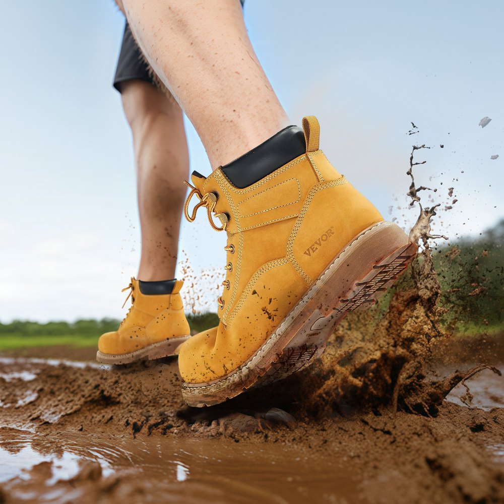 VEVOR Steel Toe Work Boots, US Size 9, Waterproof Work Boots for Men, Slip-Resistant Work Boot, Lightweight and Breathable Rubber Sole Mens Boots for Industry Construction, Brown Yellow