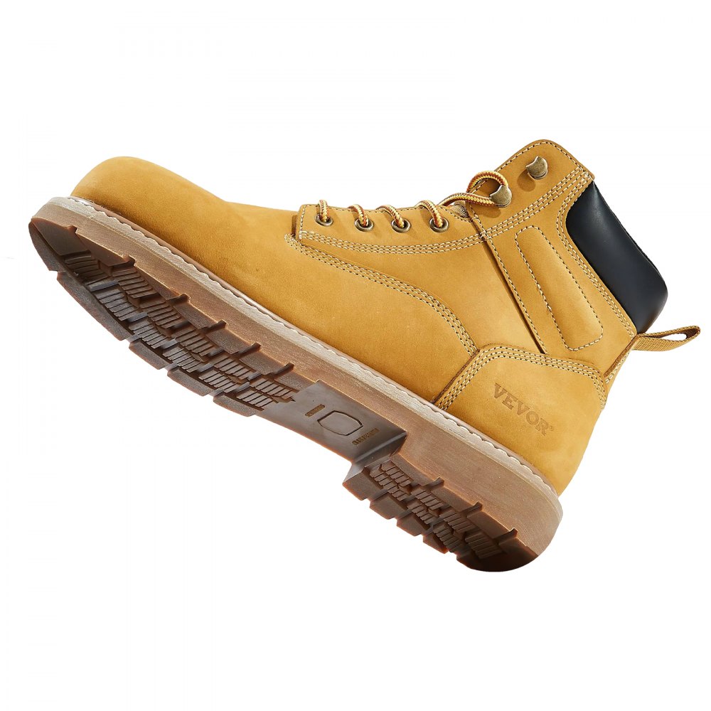 VEVOR Steel Toe Work Boots, US Size 9, Waterproof Work Boots for Men, Slip-Resistant Work Boot, Lightweight and Breathable Rubber Sole Mens Boots for Industry Construction, Brown Yellow
