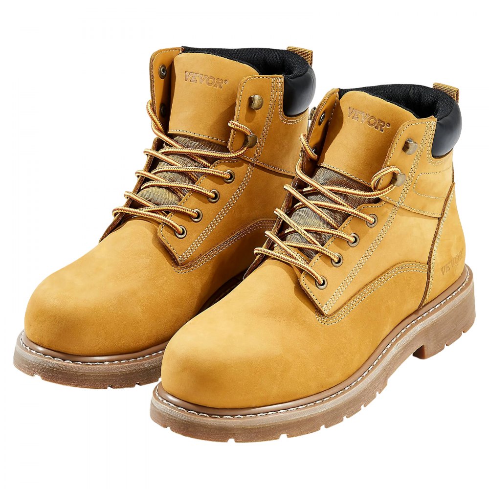 VEVOR Steel Toe Work Boots, US Size 9, Waterproof Work Boots for Men, Slip-Resistant Work Boot, Lightweight and Breathable Rubber Sole Mens Boots for Industry Construction, Brown Yellow