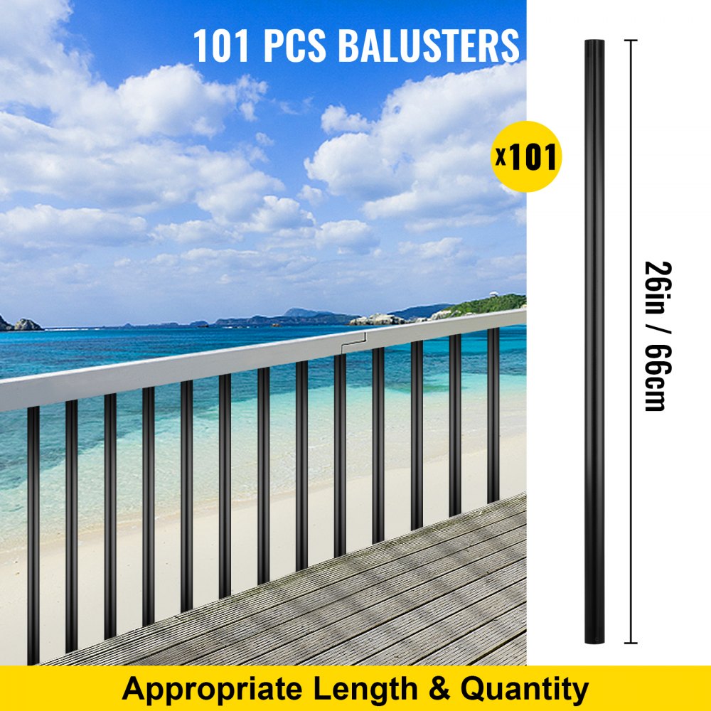 VEVOR Deck Balusters, 101 Pack Metal Deck Spindles, 26"x0.75" Staircase Baluster With Screws, Aluminum Alloy Deck Railing for Wood and Composite Deck, Circle Baluster for Outdoor Stair Deck Porch