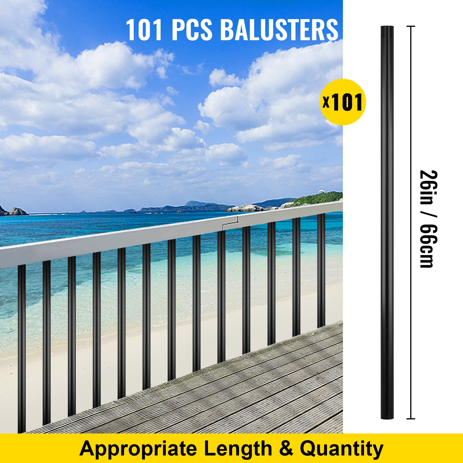 VEVOR Deck Balusters, 101 Pack Metal Deck Spindles, 26"x0.75" Staircase Baluster With Screws, Aluminum Alloy Deck Railing for Wood and Composite Deck, Circle Baluster for Outdoor Stair Deck Porch