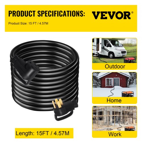 VEVOR 15Ft 50 Amp RV Extension Cord Durable Premium Power Cord RV 26.5mm Wire Diameter Extension Cord Copper Wire RV Cord Power Supply Cable for Trailer Motorhome Camper with Handles