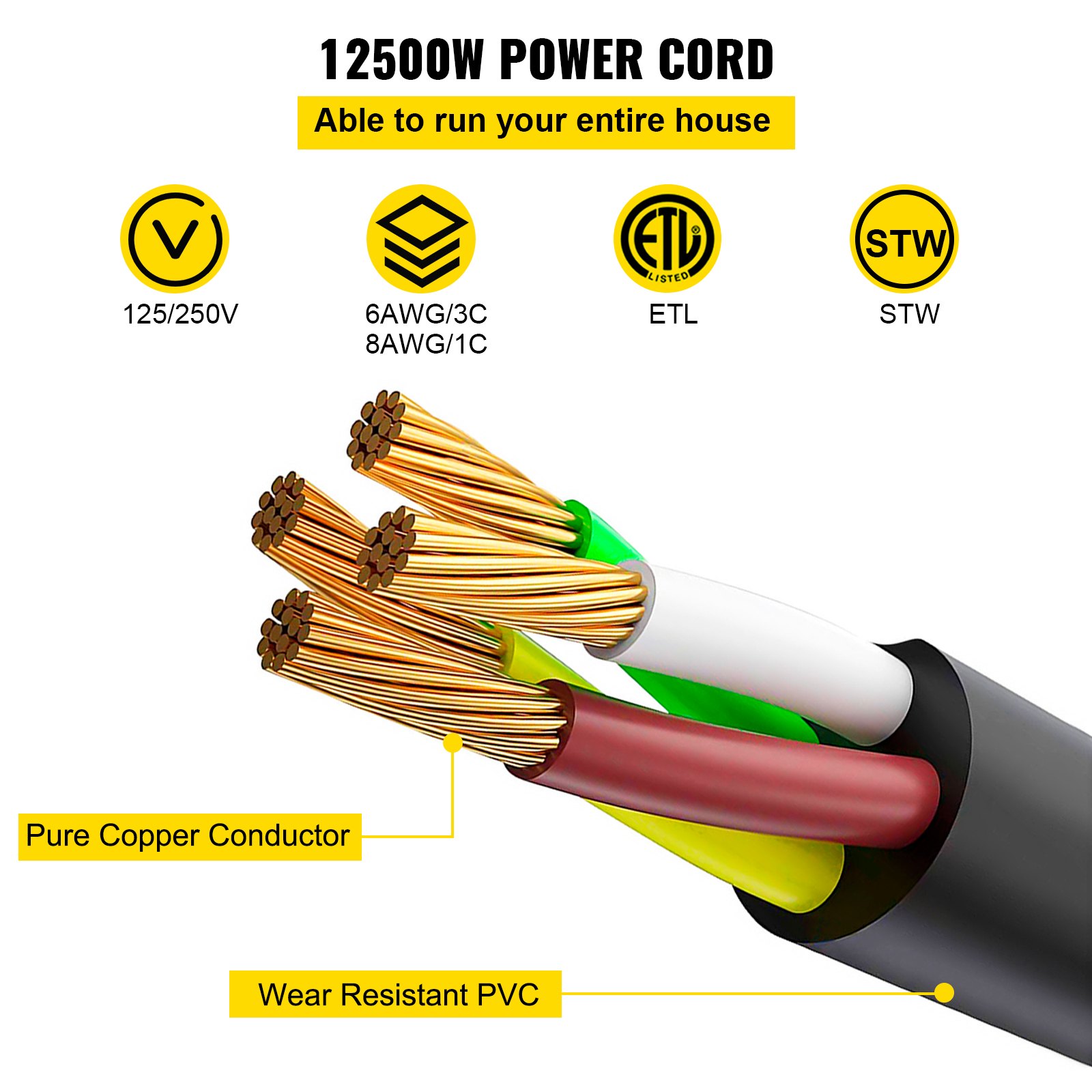 VEVOR 25 FT 50Amp RV Extension Cord NEMA N14-50P to N14-50R, 125 / 250V Heavy Duty STW 6/3+ 8/1 RV Power Cord, for EV Charging and RV Trailer Campers