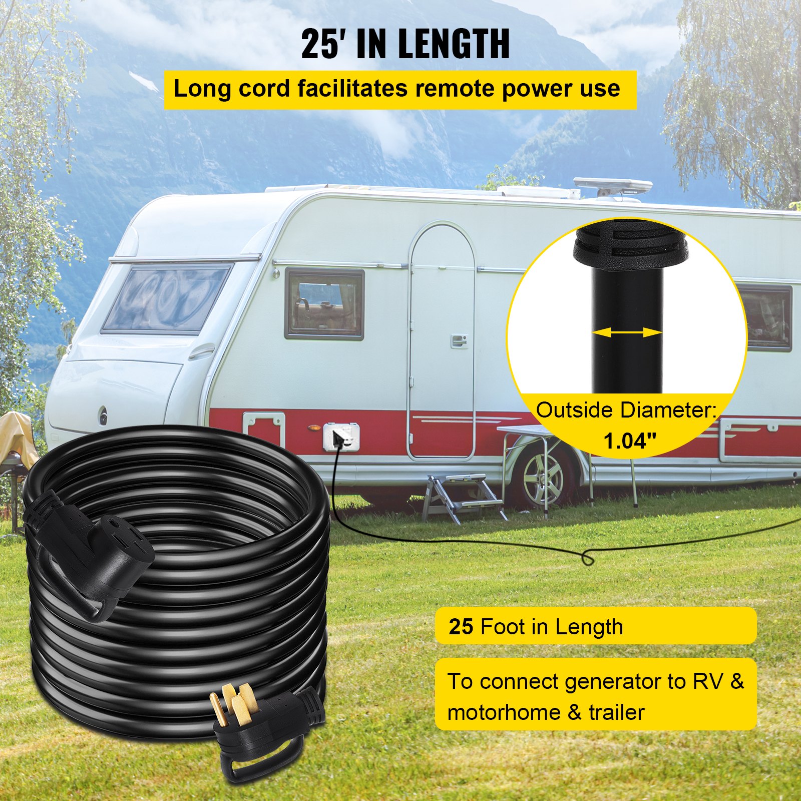 VEVOR 25 FT 50Amp RV Extension Cord NEMA N14-50P to N14-50R, 125 / 250V Heavy Duty STW 6/3+ 8/1 RV Power Cord, for EV Charging and RV Trailer Campers