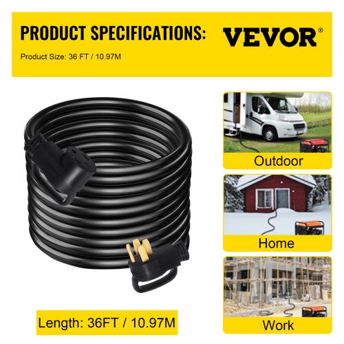 VEVOR 36Ft 50 Amp RV Extension Cord Durable Premium Power Cord RV 26.5mm Wire Diameter Extension Cord Copper Wire RV Cord Power Supply Cable for Trailer Motorhome Camper with Handles