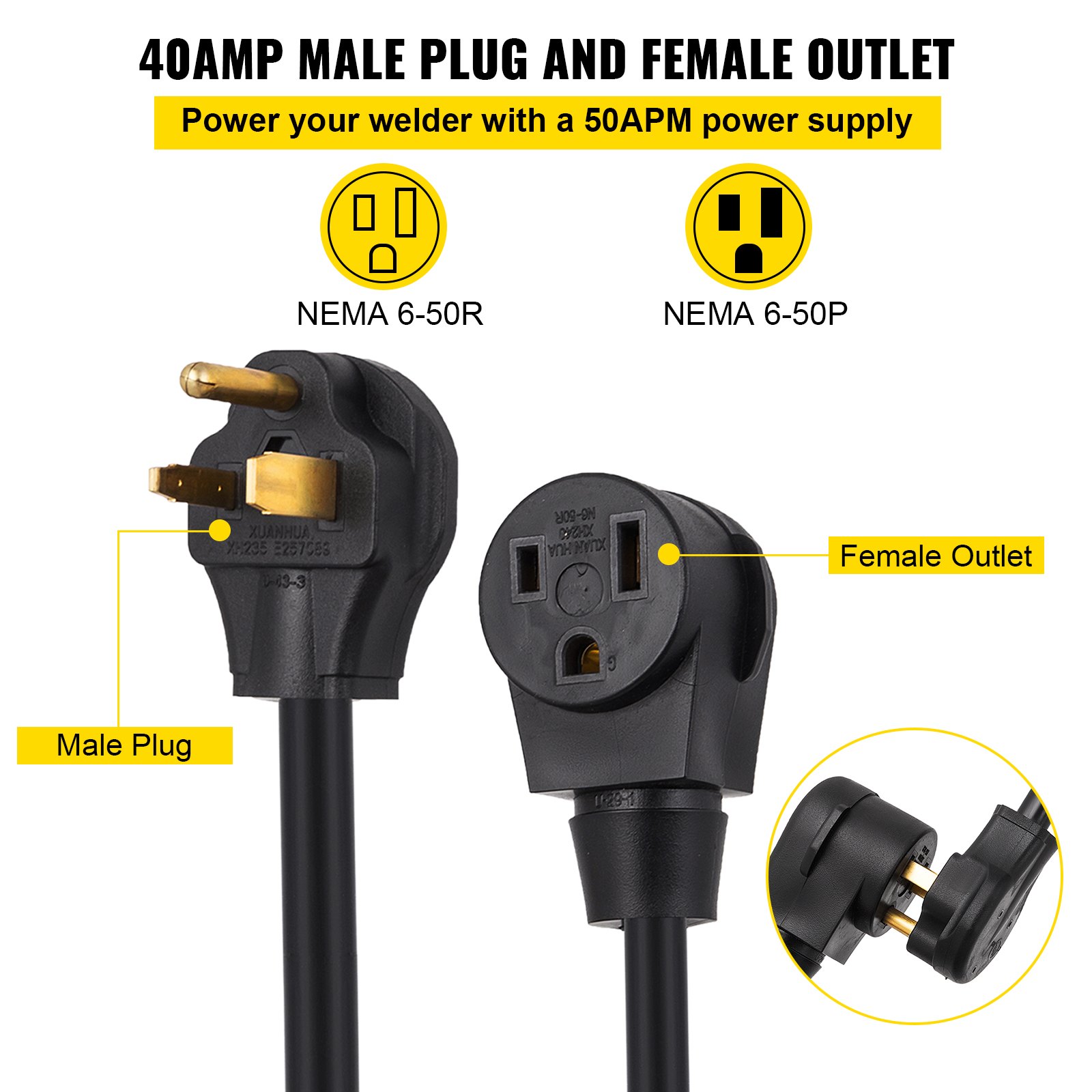 VEVOR Welder Extension Cord 40Amp 25ft 250V, Welding Power Cord with NEMA 6-50 Plug 8 Gauge 3 Prong for MIG,Lincoln,Plasma,Miller,TIG