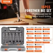 VEVOR Forstner Bit Set, 16 Pcs Forstner Drill Bits Set, 1/4" to 1-5/8", Carbon Steel, with Universal Round Shank, Forstner Drill Bit for Wood and Composite Board, Forstner Bits for Woodworking