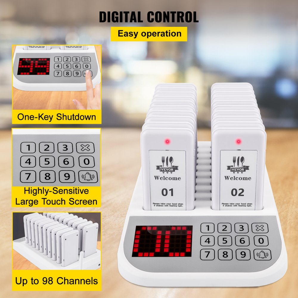 VEVOR Restaurant Pager System 20 Coasters Max 98 Nursery Pager Wireless Paging Queuing Calling System 350-500m with Vibration, Flashing and Buzzer for Social Distance Food Truck Hotels Cafes