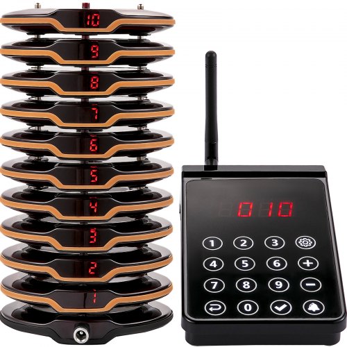 VEVOR Restaurant Pager System 10 Coasters Max 98 Nursery Pager Wireless Paging Queuing Calling System 350-500m with Vibration, Flashing and Buzzer for Social Distance Food Truck Hotels Cafes