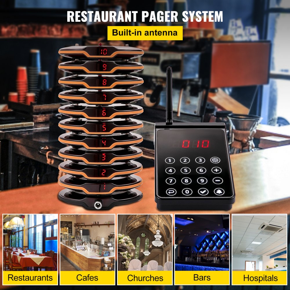 VEVOR Restaurant Pager System 10 Coasters Max 98 Nursery Pager Wireless Paging Queuing Calling System 350-500m with Vibration, Flashing and Buzzer for Social Distance Food Truck Hotels Cafes