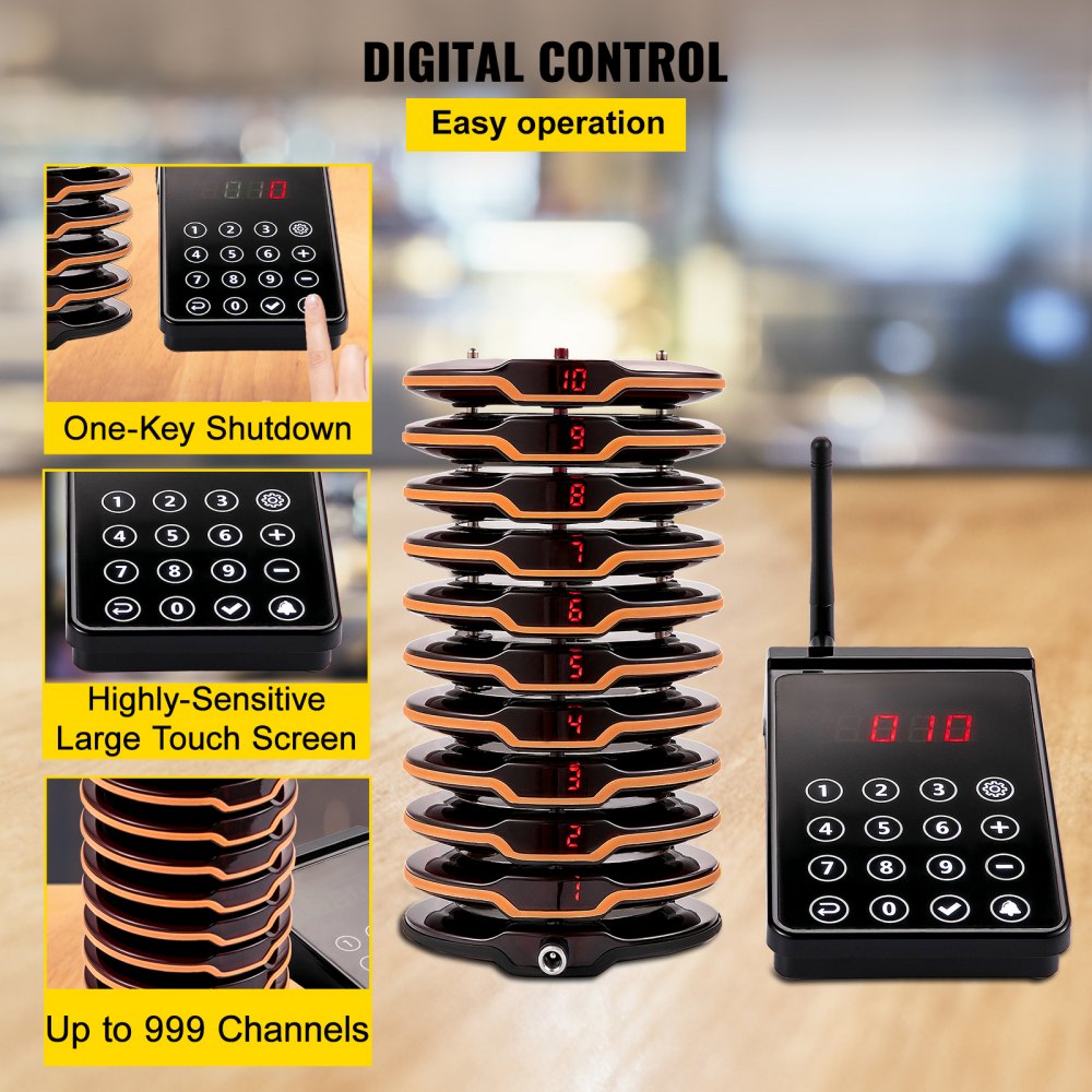 VEVOR Restaurant Pager System 10 Coasters Max 98 Nursery Pager Wireless Paging Queuing Calling System 350-500m with Vibration, Flashing and Buzzer for Social Distance Food Truck Hotels Cafes