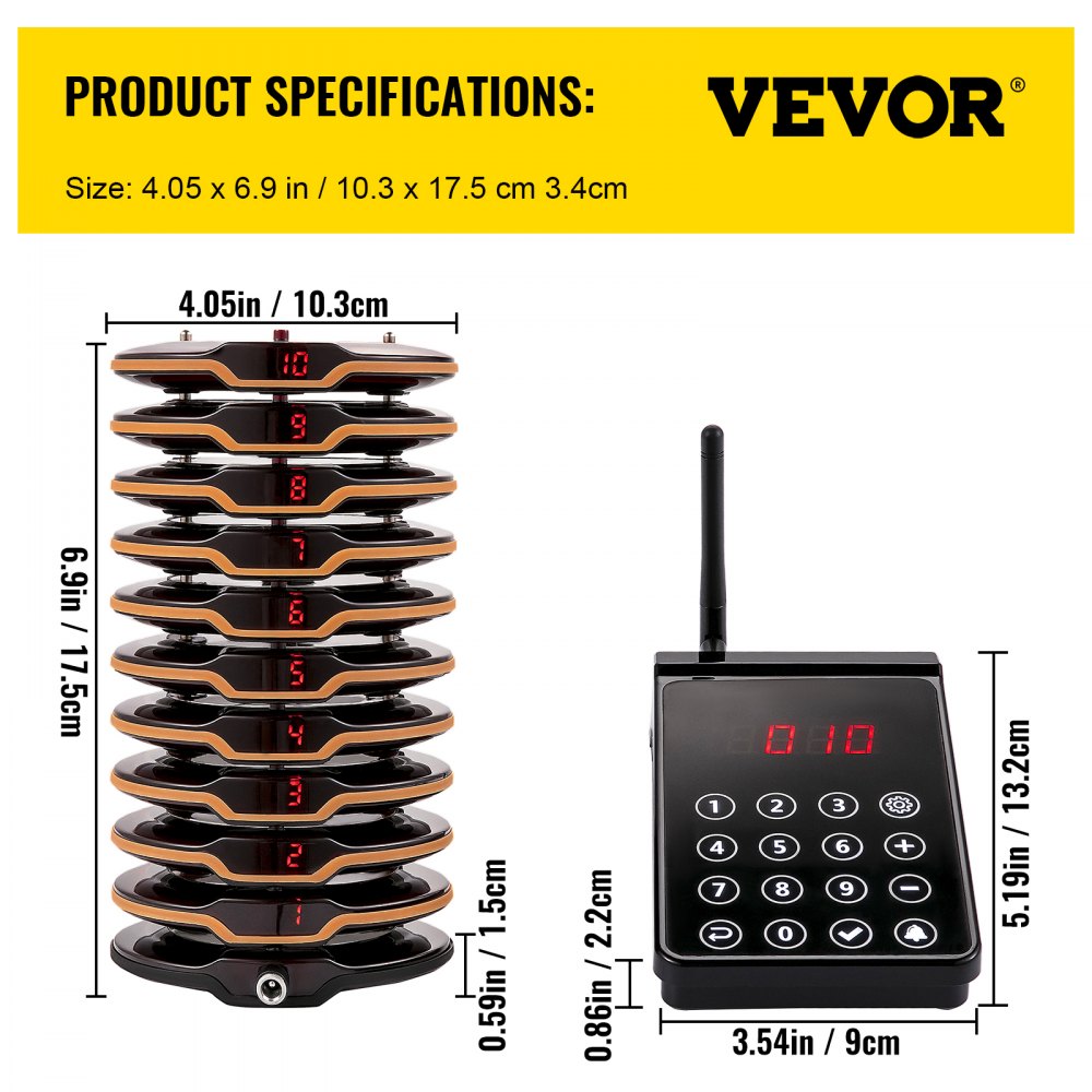 VEVOR Restaurant Pager System 10 Coasters Max 98 Nursery Pager Wireless Paging Queuing Calling System 350-500m with Vibration, Flashing and Buzzer for Social Distance Food Truck Hotels Cafes