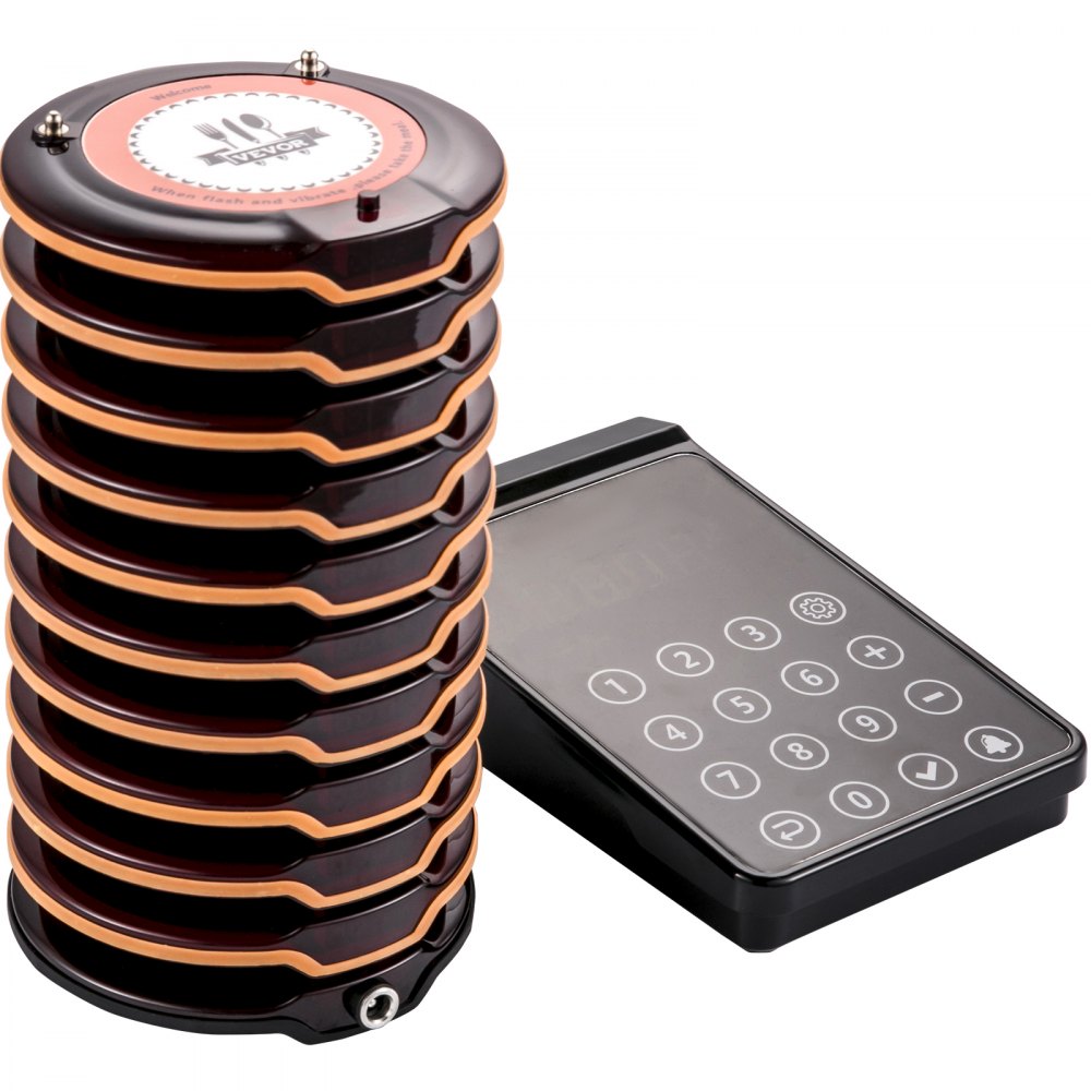VEVOR Restaurant Pager System 10 Coasters Max 98 Nursery Pager Wireless Paging Queuing Calling System 350-500m with Vibration, Flashing and Buzzer for Social Distance Food Truck Hotels Cafes