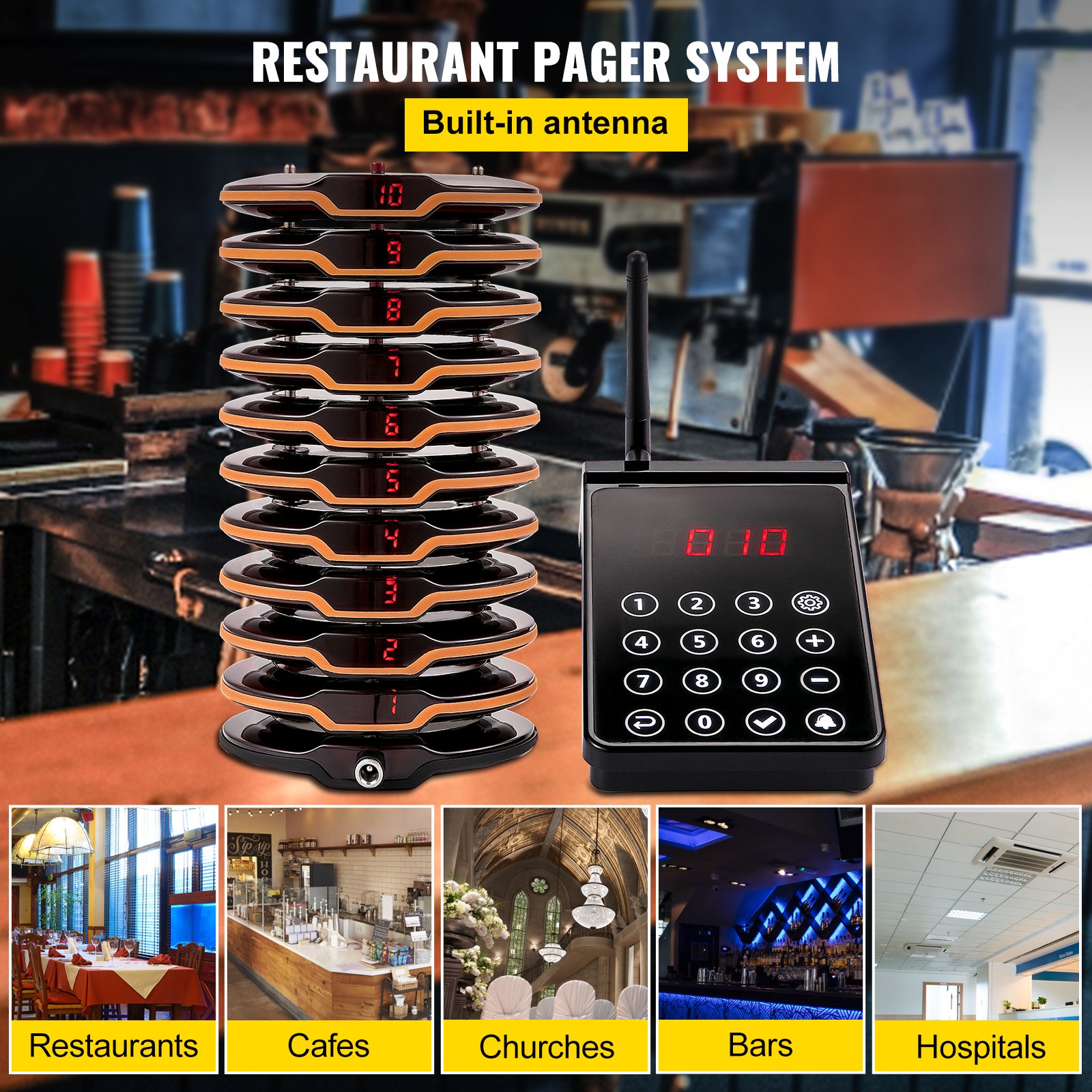 VEVOR Restaurant Pager System 10 Coasters Max 98 Nursery Pager Wireless Paging Queuing Calling System 350-500m with Vibration, Flashing and Buzzer for Social Distance Food Truck Hotels Cafes