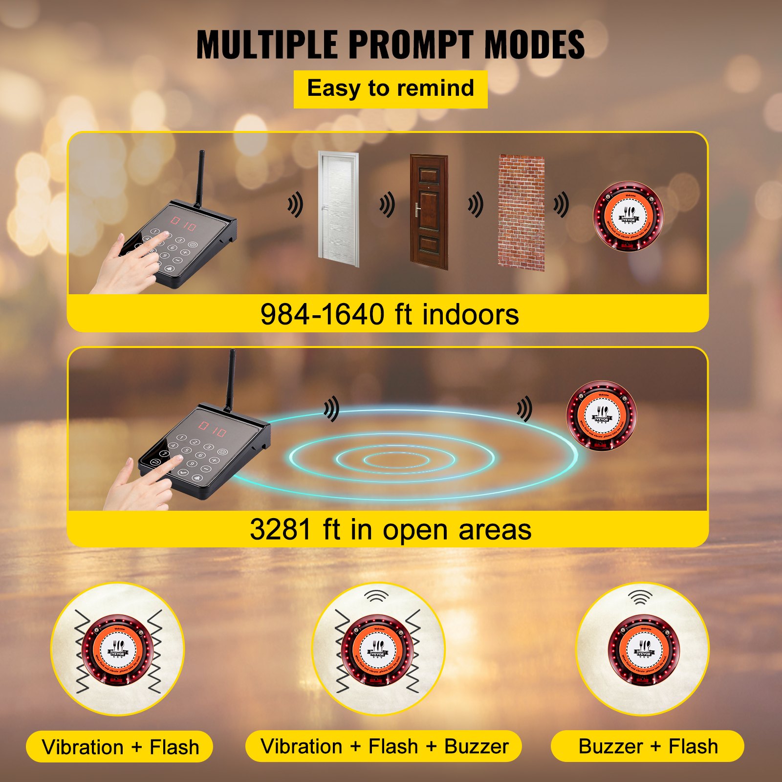 VEVOR Restaurant Pager System 10 Coasters Max 98 Nursery Pager Wireless Paging Queuing Calling System 350-500m with Vibration, Flashing and Buzzer for Social Distance Food Truck Hotels Cafes