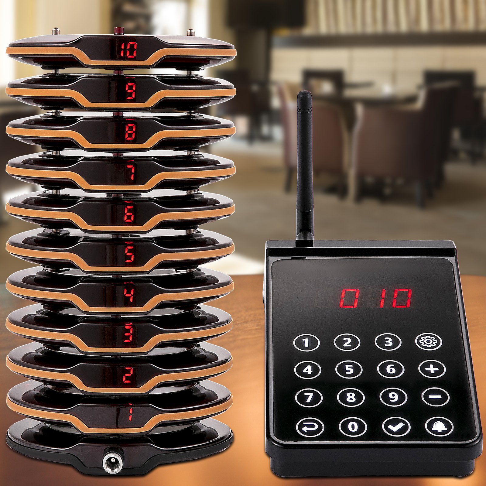 VEVOR Restaurant Pager System 10 Coasters Max 98 Nursery Pager Wireless Paging Queuing Calling System 350-500m with Vibration, Flashing and Buzzer for Social Distance Food Truck Hotels Cafes