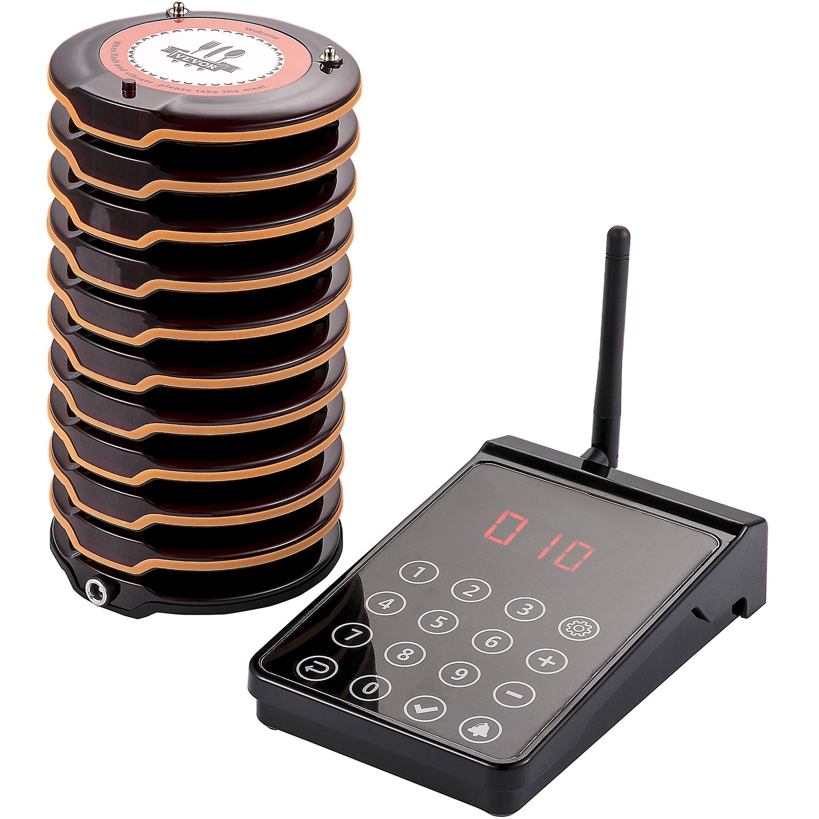 VEVOR Restaurant Pager System 10 Coasters Max 98 Nursery Pager Wireless Paging Queuing Calling System 350-500m with Vibration, Flashing and Buzzer for Social Distance Food Truck Hotels Cafes