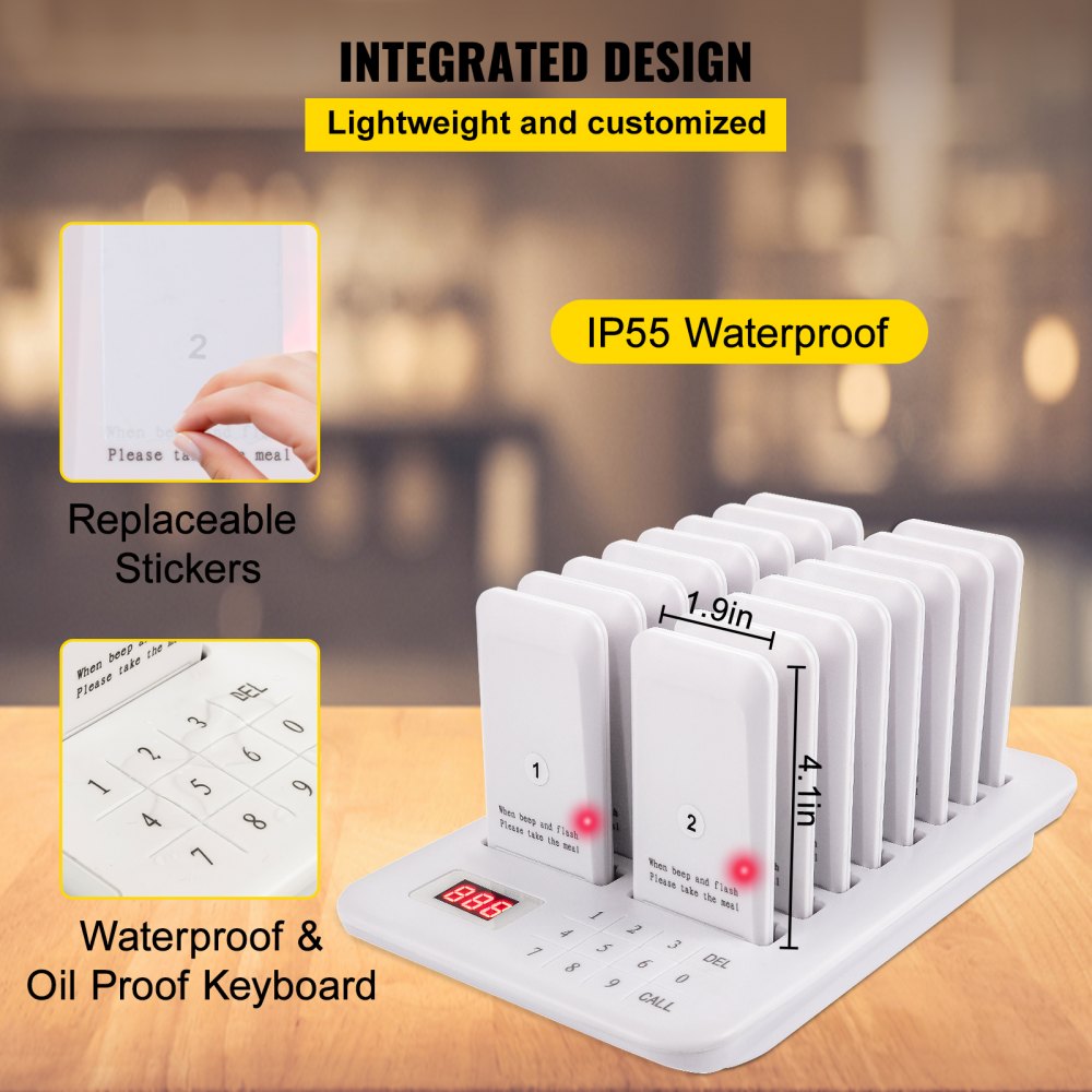 VEVOR Restaurant Pager 16 Coasters Paging System Max 98 Nursery Pager Wireless Paging Queuing Calling System 350-500m with Vibration, Flashing and Buzzer for Social Distance Food Truck Hotels Cafes
