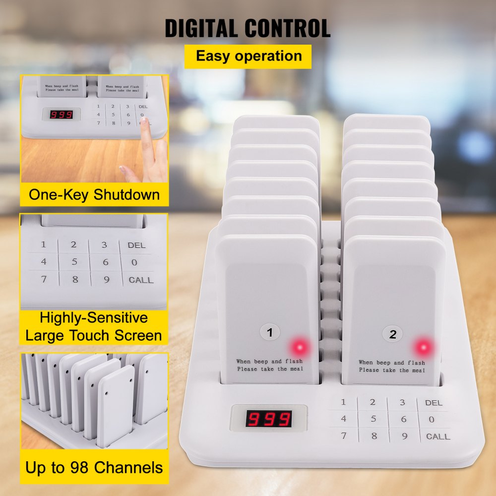 VEVOR Restaurant Pager 16 Coasters Paging System Max 98 Nursery Pager Wireless Paging Queuing Calling System 350-500m with Vibration, Flashing and Buzzer for Social Distance Food Truck Hotels Cafes