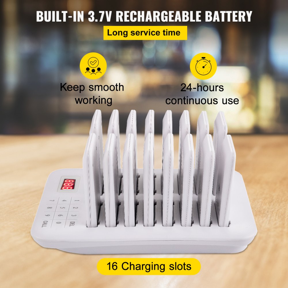 VEVOR Restaurant Pager 16 Coasters Paging System Max 98 Nursery Pager Wireless Paging Queuing Calling System 350-500m with Vibration, Flashing and Buzzer for Social Distance Food Truck Hotels Cafes