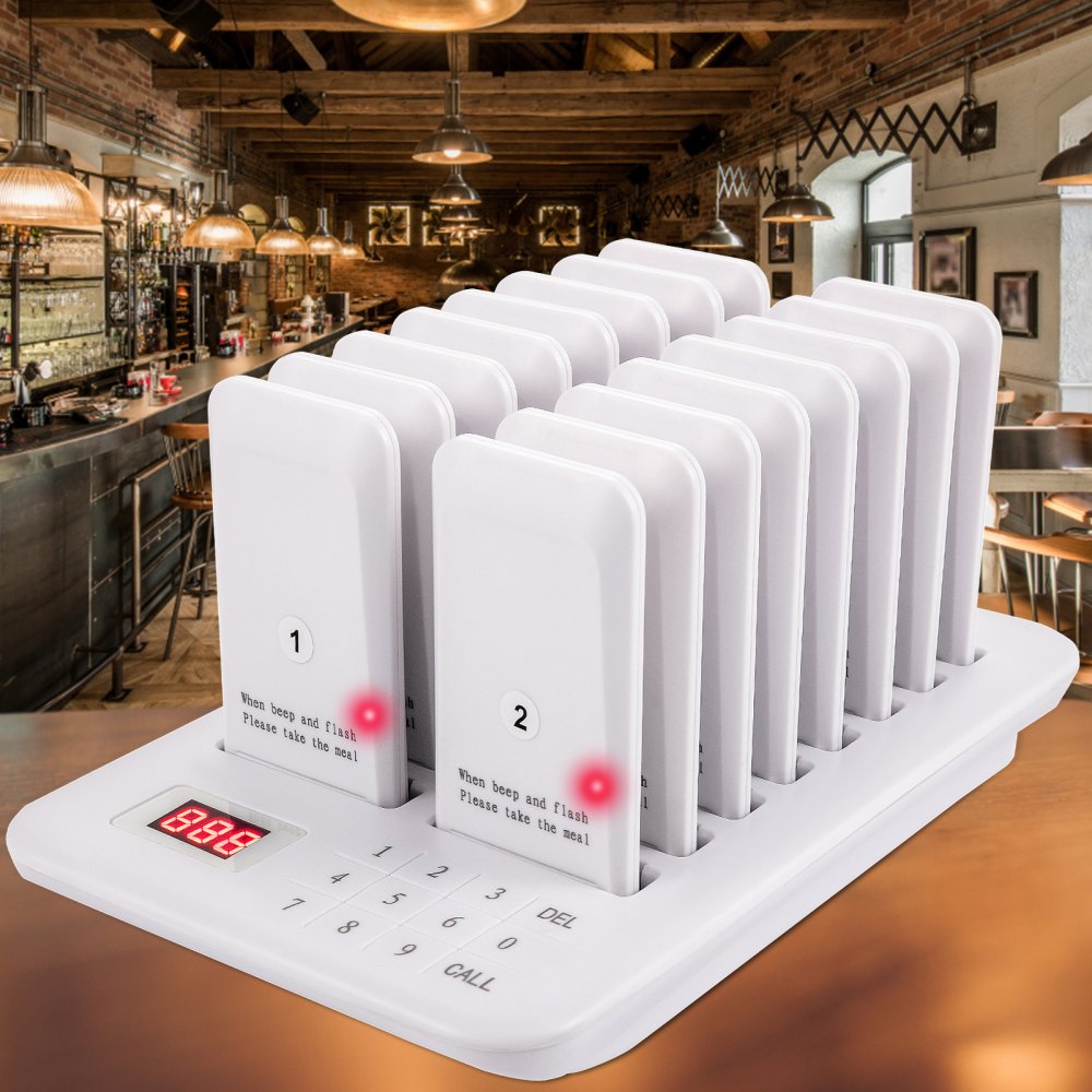VEVOR Restaurant Pager 16 Coasters Paging System Max 98 Nursery Pager Wireless Paging Queuing Calling System 350-500m with Vibration, Flashing and Buzzer for Social Distance Food Truck Hotels Cafes