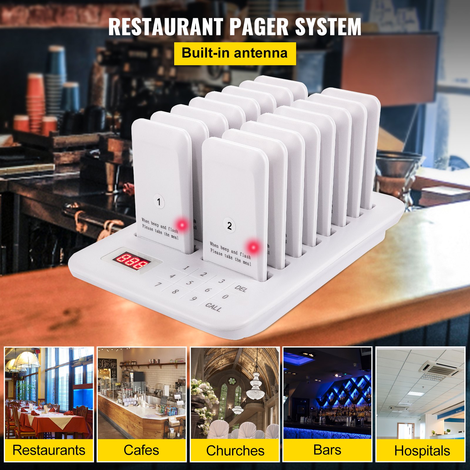 VEVOR Restaurant Pager 16 Coasters Paging System Max 98 Nursery Pager Wireless Paging Queuing Calling System 350-500m with Vibration, Flashing and Buzzer for Social Distance Food Truck Hotels Cafes