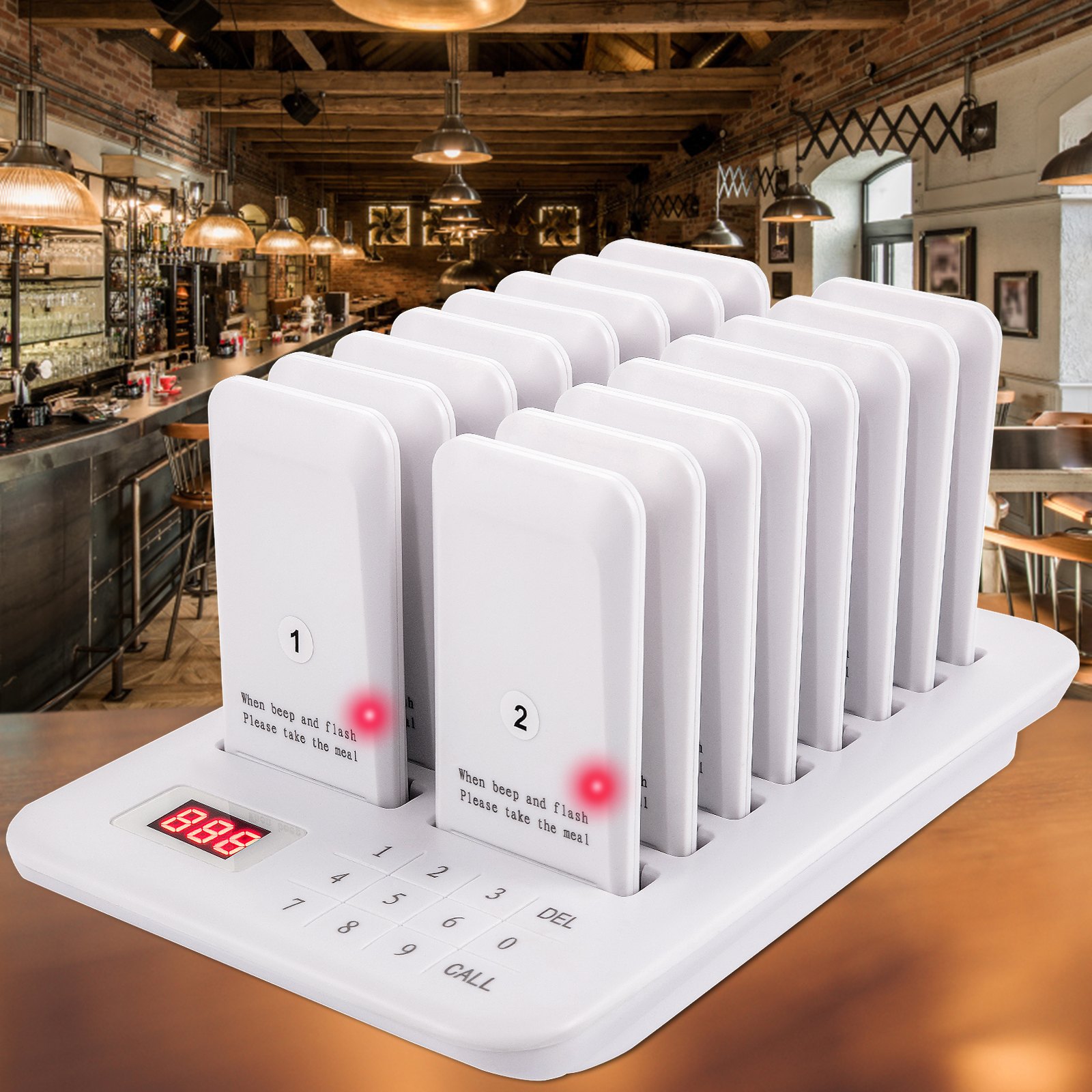 VEVOR Restaurant Pager 16 Coasters Paging System Max 98 Nursery Pager Wireless Paging Queuing Calling System 350-500m with Vibration, Flashing and Buzzer for Social Distance Food Truck Hotels Cafes