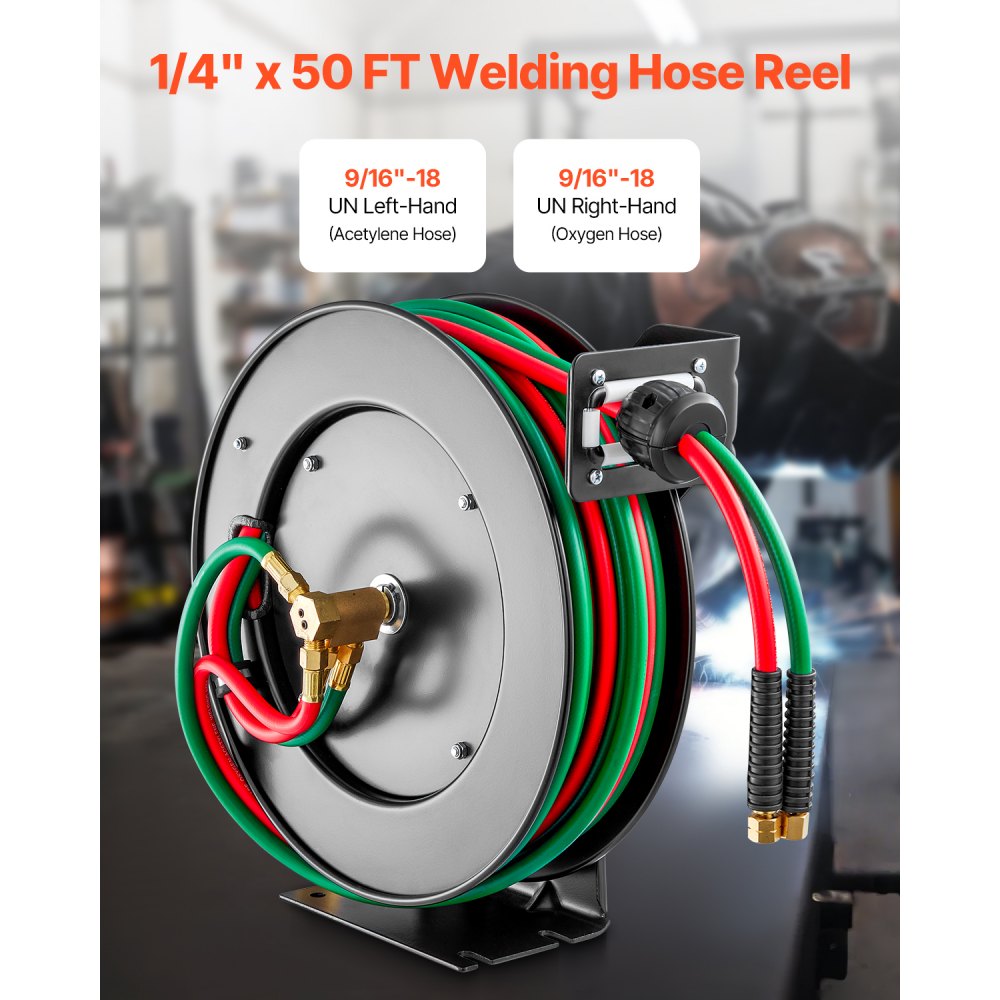 VEVOR Retractable Welding Hose Reel, 1/4-Inch x 50FT Twin Oxygen Acetylene Rubber Hose Max 300PSI - R Grade, Ceiling/Wall Mount Heavy Duty Steel Hose Reel Auto-Rewind, Ideal for Workshops Garages