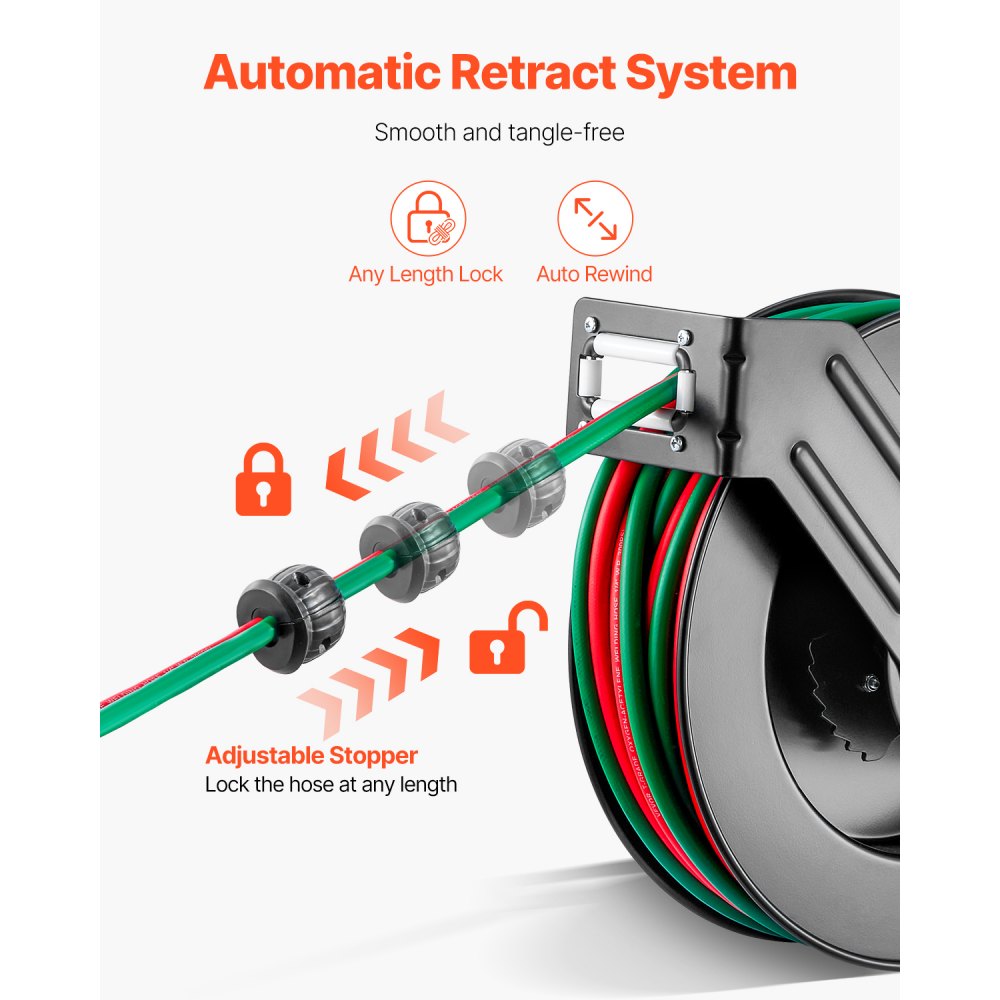 VEVOR Retractable Welding Hose Reel, 1/4-Inch x 50FT Twin Oxygen Acetylene Rubber Hose Max 300PSI - R Grade, Ceiling/Wall Mount Heavy Duty Steel Hose Reel Auto-Rewind, Ideal for Workshops Garages