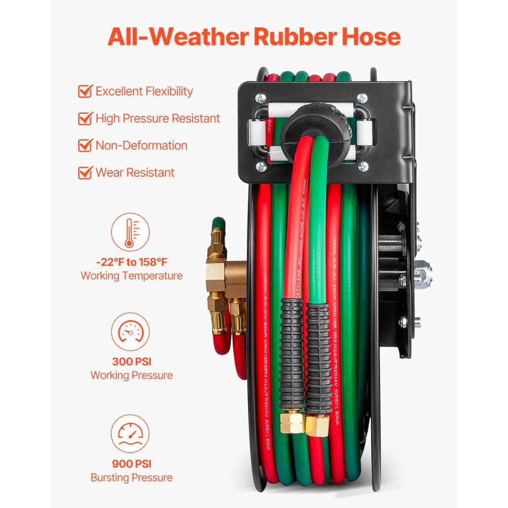 VEVOR Retractable Welding Hose Reel, 1/4-Inch x 50FT Twin Oxygen Acetylene Rubber Hose Max 300PSI - R Grade, Ceiling/Wall Mount Heavy Duty Steel Hose Reel Auto-Rewind, Ideal for Workshops Garages