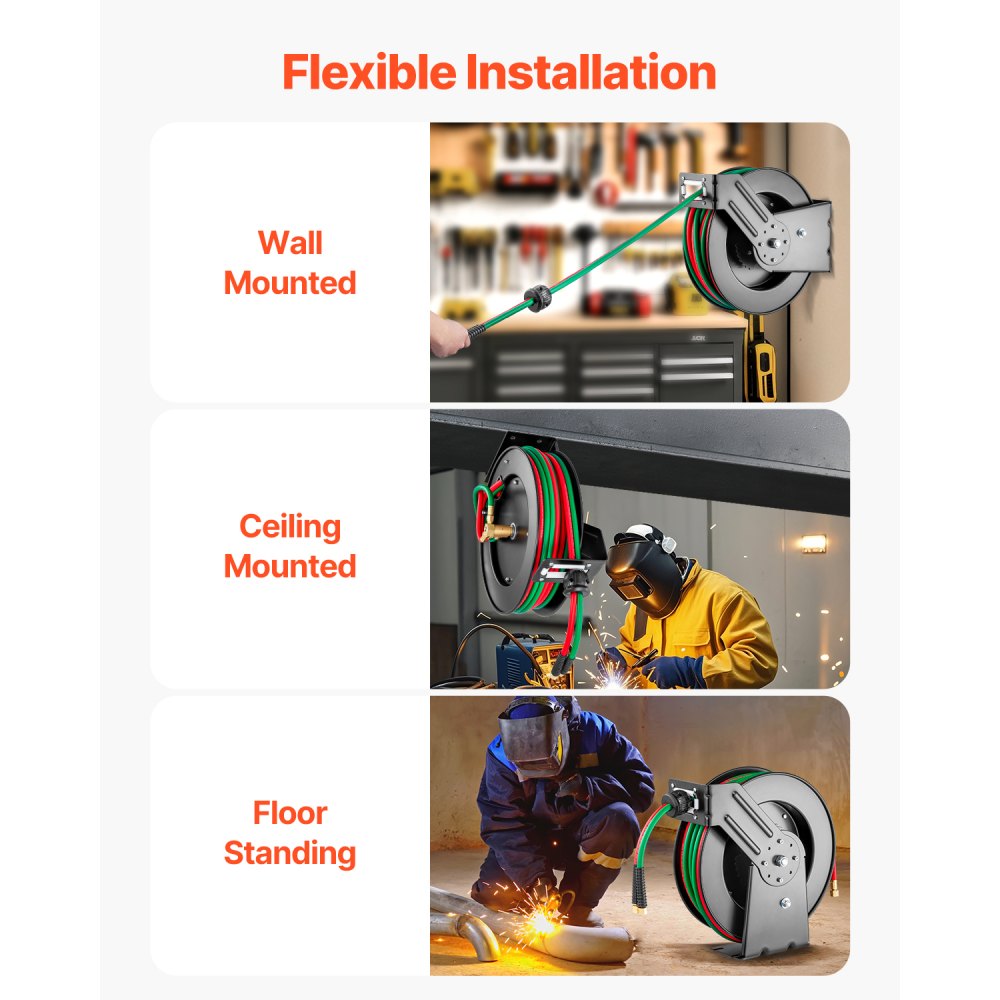 VEVOR Retractable Welding Hose Reel, 1/4-Inch x 50FT Twin Oxygen Acetylene Rubber Hose Max 300PSI - R Grade, Ceiling/Wall Mount Heavy Duty Steel Hose Reel Auto-Rewind, Ideal for Workshops Garages