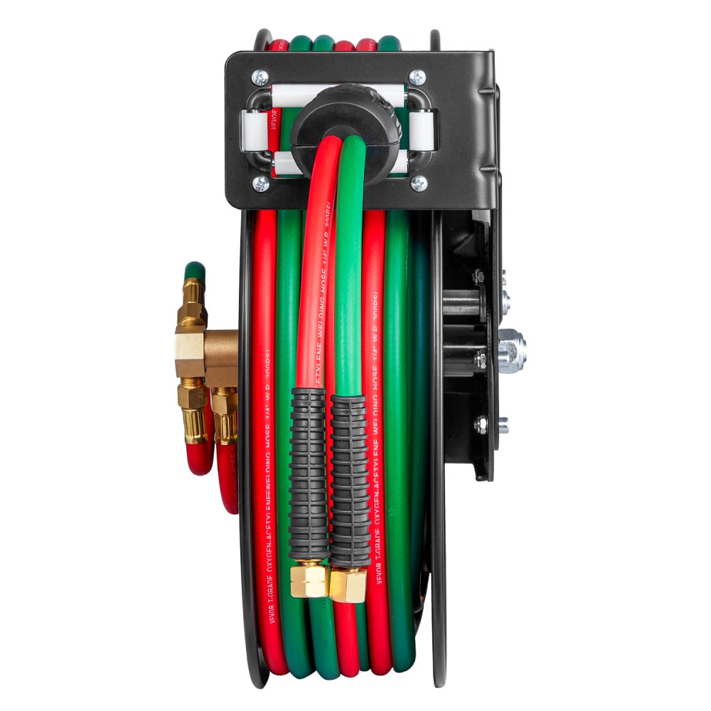 VEVOR Retractable Welding Hose Reel, 1/4-Inch x 50FT Twin Oxygen Acetylene Rubber Hose Max 300PSI - R Grade, Ceiling/Wall Mount Heavy Duty Steel Hose Reel Auto-Rewind, Ideal for Workshops Garages