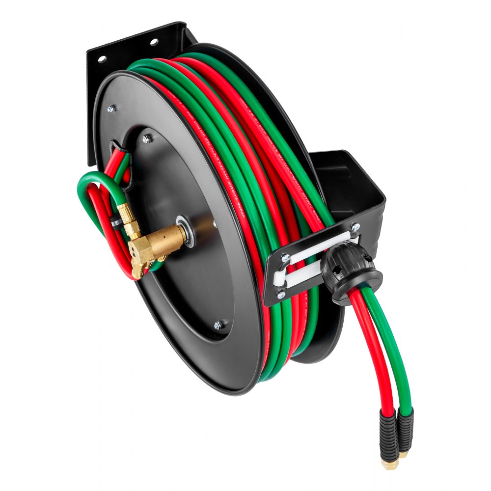 VEVOR Retractable Welding Hose Reel, 1/4-Inch x 50FT Twin Oxygen Acetylene Rubber Hose Max 300PSI - R Grade, Ceiling/Wall Mount Heavy Duty Steel Hose Reel Auto-Rewind, Ideal for Workshops Garages