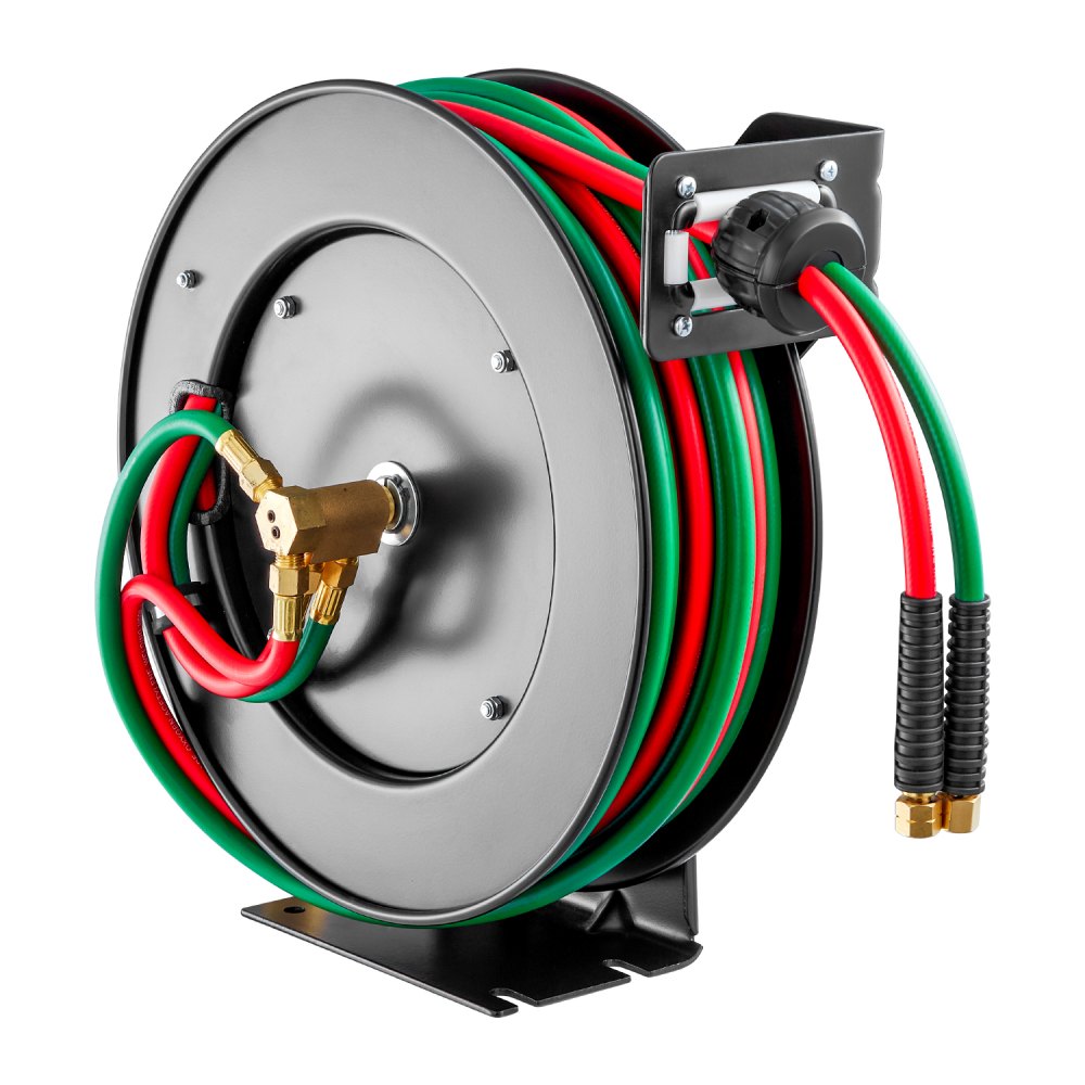 VEVOR Retractable Welding Hose Reel, 1/4-Inch x 50FT Twin Oxygen Acetylene Rubber Hose Max 300PSI - R Grade, Ceiling/Wall Mount Heavy Duty Steel Hose Reel Auto-Rewind, Ideal for Workshops Garages