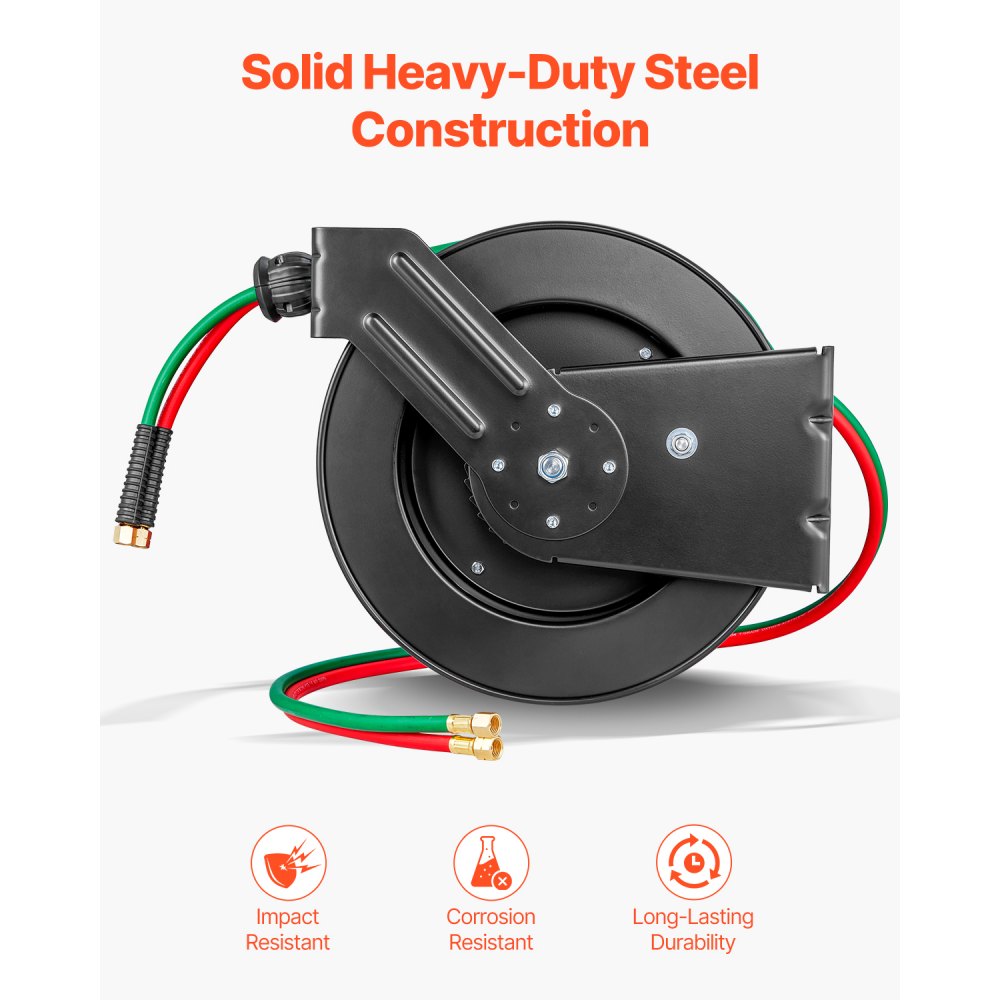 VEVOR Retractable Welding Hose Reel, 1/4-Inch x 50FT Twin Oxygen Acetylene Rubber Hose Max 300PSI - R Grade, Ceiling/Wall Mount Heavy Duty Steel Hose Reel Auto-Rewind, Ideal for Workshops Garages