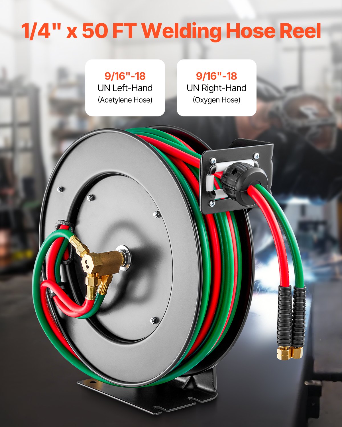 VEVOR Retractable Welding Hose Reel, 1/4-Inch x 50FT Twin Oxygen Acetylene Rubber Hose Max 300PSI - R Grade, Ceiling/Wall Mount Heavy Duty Steel Hose Reel Auto-Rewind, Ideal for Workshops Garages