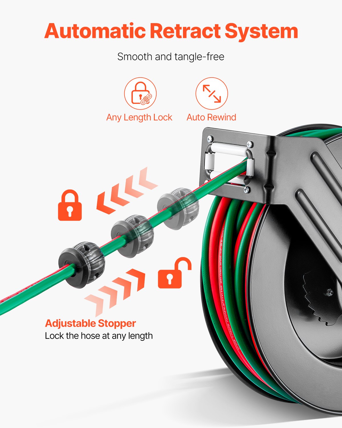 VEVOR Retractable Welding Hose Reel, 1/4-Inch x 50FT Twin Oxygen Acetylene Rubber Hose Max 300PSI - R Grade, Ceiling/Wall Mount Heavy Duty Steel Hose Reel Auto-Rewind, Ideal for Workshops Garages