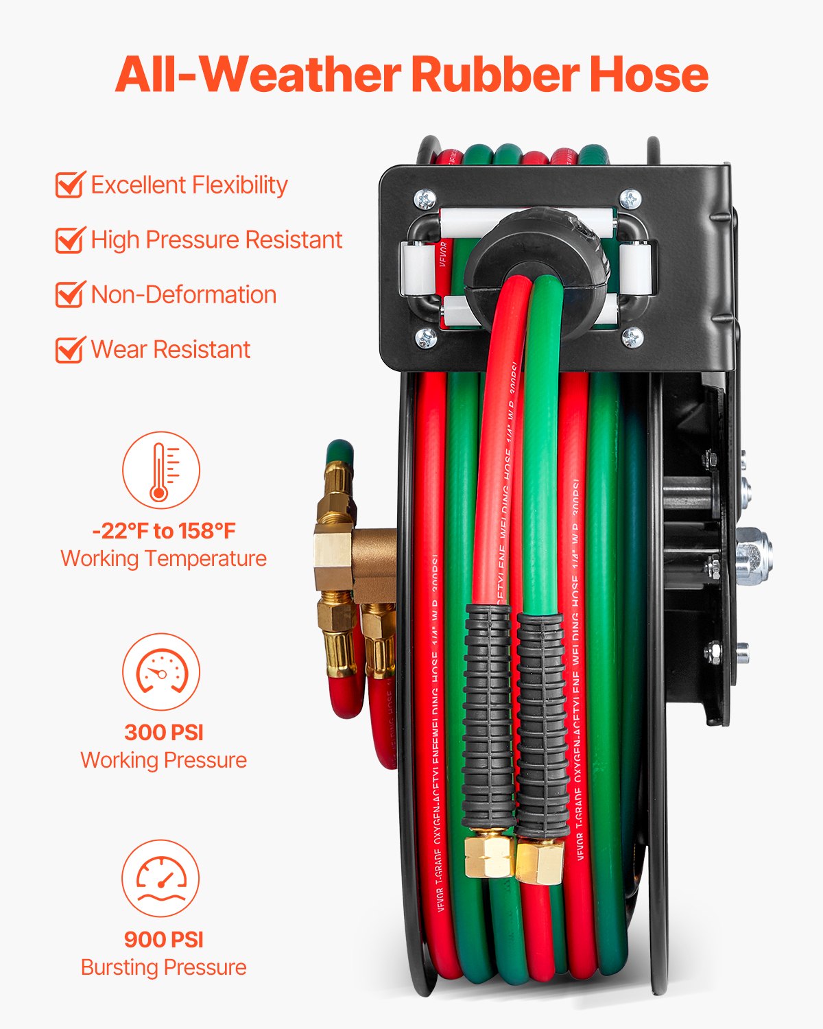 VEVOR Retractable Welding Hose Reel, 1/4-Inch x 50FT Twin Oxygen Acetylene Rubber Hose Max 300PSI - R Grade, Ceiling/Wall Mount Heavy Duty Steel Hose Reel Auto-Rewind, Ideal for Workshops Garages