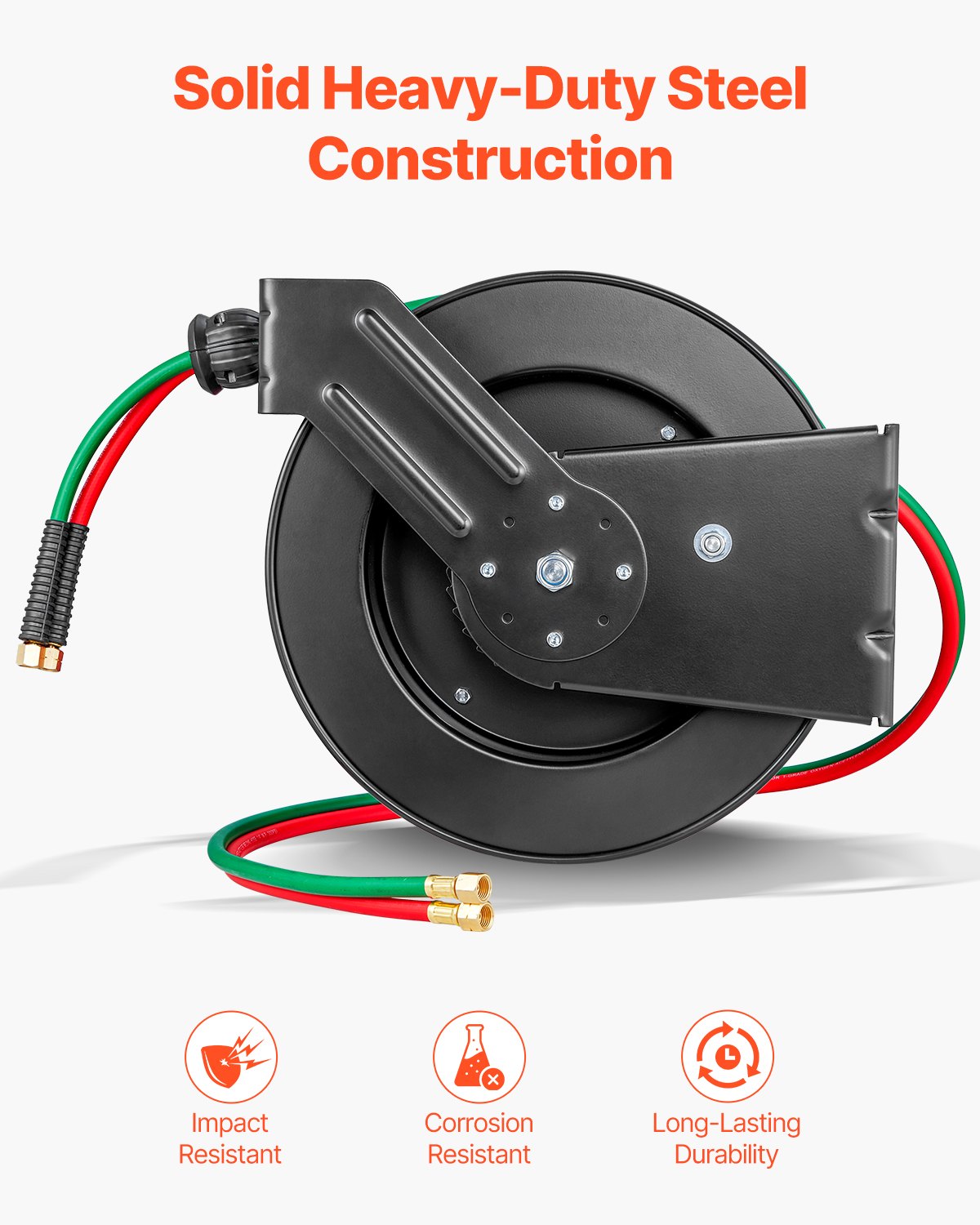 VEVOR Retractable Welding Hose Reel, 1/4-Inch x 50FT Twin Oxygen Acetylene Rubber Hose Max 300PSI - R Grade, Ceiling/Wall Mount Heavy Duty Steel Hose Reel Auto-Rewind, Ideal for Workshops Garages