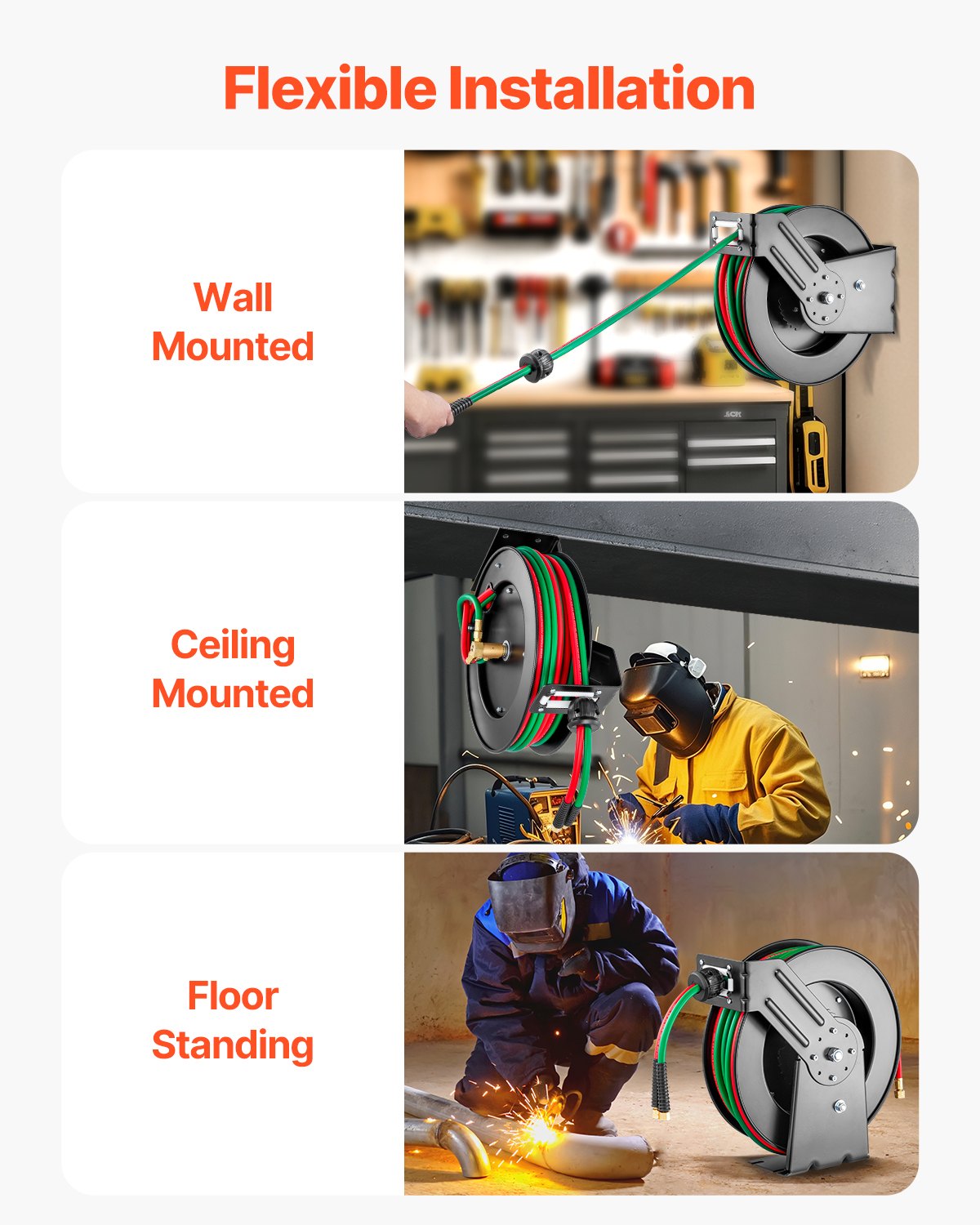 VEVOR Retractable Welding Hose Reel, 1/4-Inch x 50FT Twin Oxygen Acetylene Rubber Hose Max 300PSI - R Grade, Ceiling/Wall Mount Heavy Duty Steel Hose Reel Auto-Rewind, Ideal for Workshops Garages