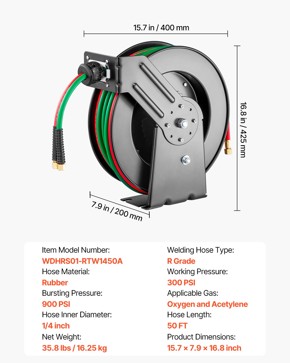 VEVOR Retractable Welding Hose Reel, 1/4-Inch x 50FT Twin Oxygen Acetylene Rubber Hose Max 300PSI - R Grade, Ceiling/Wall Mount Heavy Duty Steel Hose Reel Auto-Rewind, Ideal for Workshops Garages