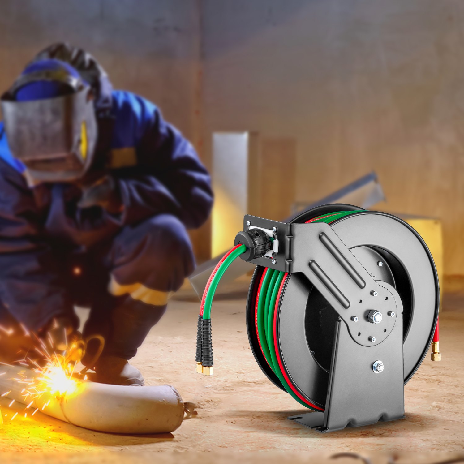 VEVOR Retractable Welding Hose Reel, 1/4-Inch x 50FT Twin Oxygen Acetylene Rubber Hose Max 300PSI - R Grade, Ceiling/Wall Mount Heavy Duty Steel Hose Reel Auto-Rewind, Ideal for Workshops Garages