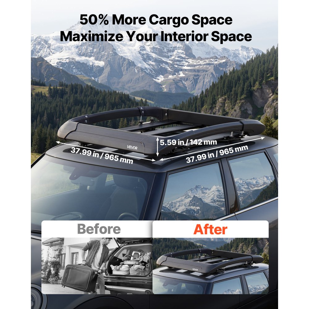 VEVOR Roof Rack Cargo Basket, 38 x 38 x 5.59 in, Universal Heavy Duty Roof Top Carrier Basket, 150 lbs Capacity, All-Weather Car Top Luggage Holder, Fits Crossbars up to 3.54 x 1.97 in, for SUV Truck