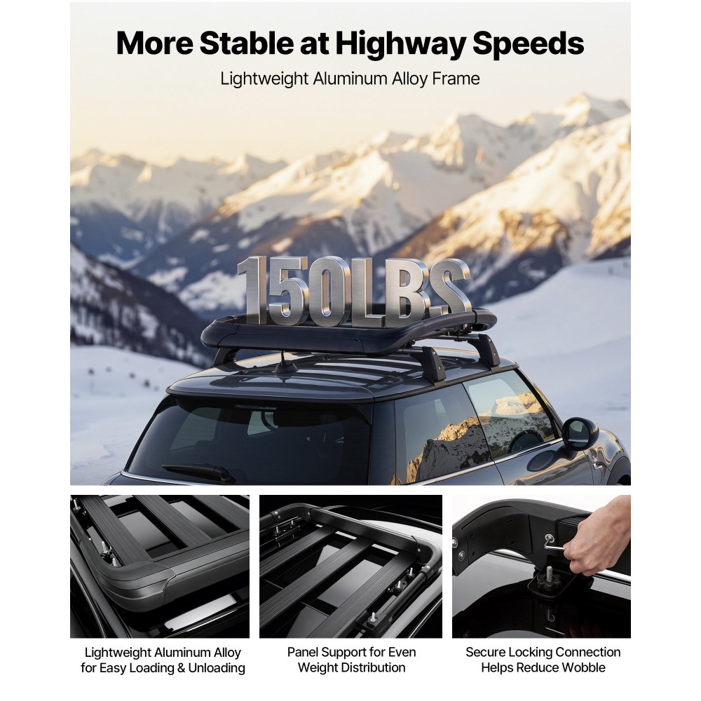 VEVOR Roof Rack Cargo Basket, 38 x 38 x 5.59 in, Universal Heavy Duty Roof Top Carrier Basket, 150 lbs Capacity, All-Weather Car Top Luggage Holder, Fits Crossbars up to 3.54 x 1.97 in, for SUV Truck