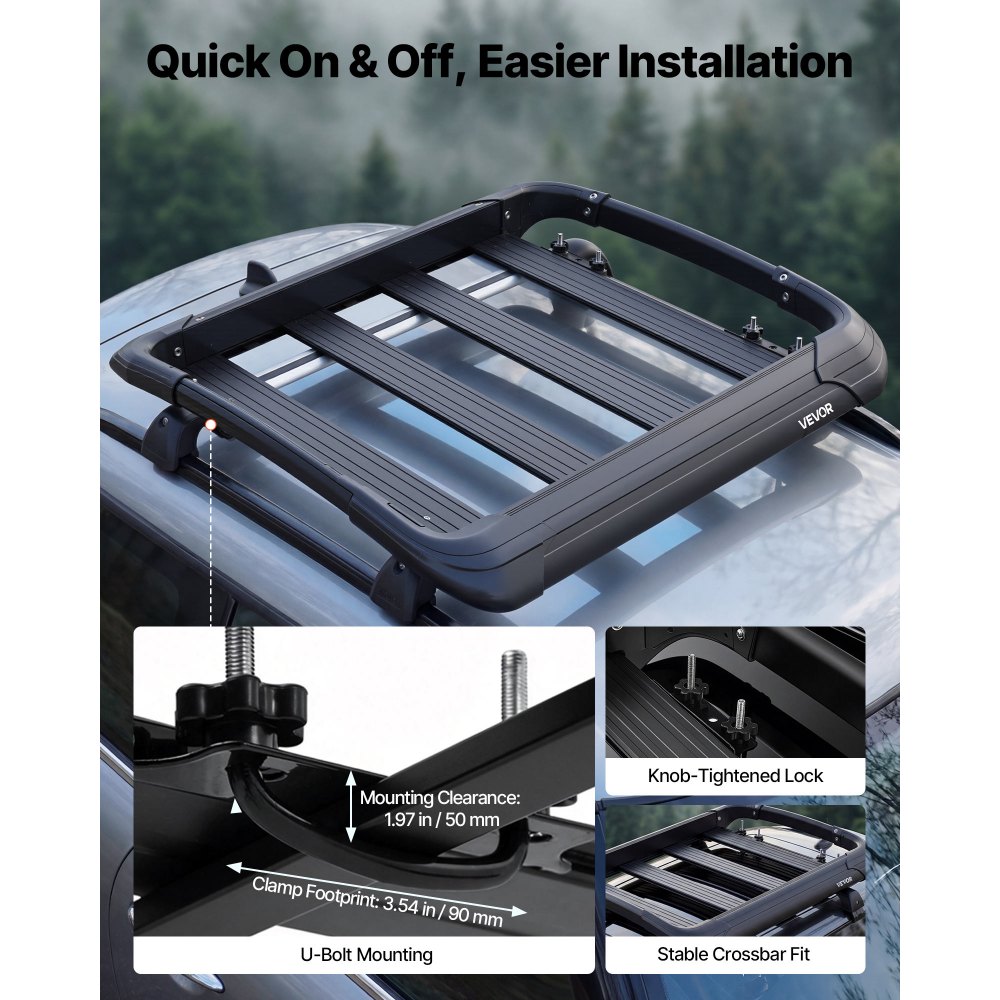 VEVOR Roof Rack Cargo Basket, 38 x 38 x 5.59 in, Universal Heavy Duty Roof Top Carrier Basket, 150 lbs Capacity, All-Weather Car Top Luggage Holder, Fits Crossbars up to 3.54 x 1.97 in, for SUV Truck