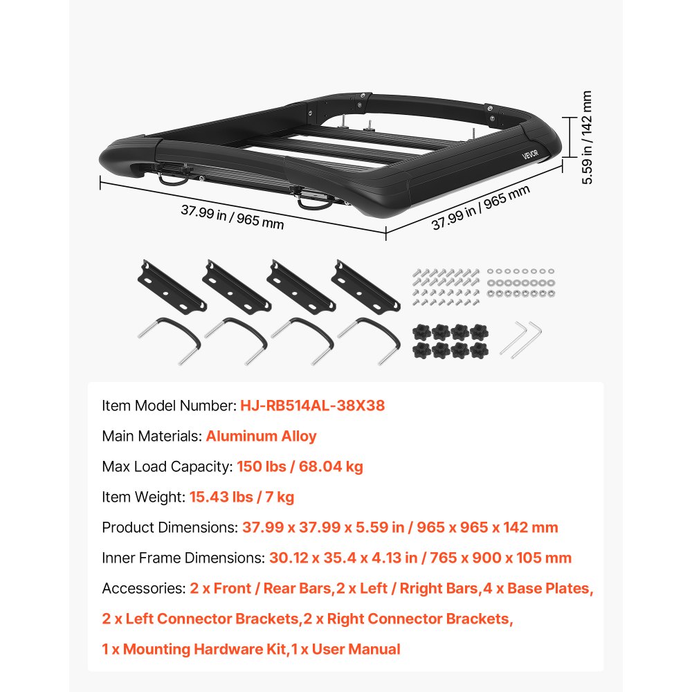 VEVOR Roof Rack Cargo Basket, 38 x 38 x 5.59 in, Universal Heavy Duty Roof Top Carrier Basket, 150 lbs Capacity, All-Weather Car Top Luggage Holder, Fits Crossbars up to 3.54 x 1.97 in, for SUV Truck