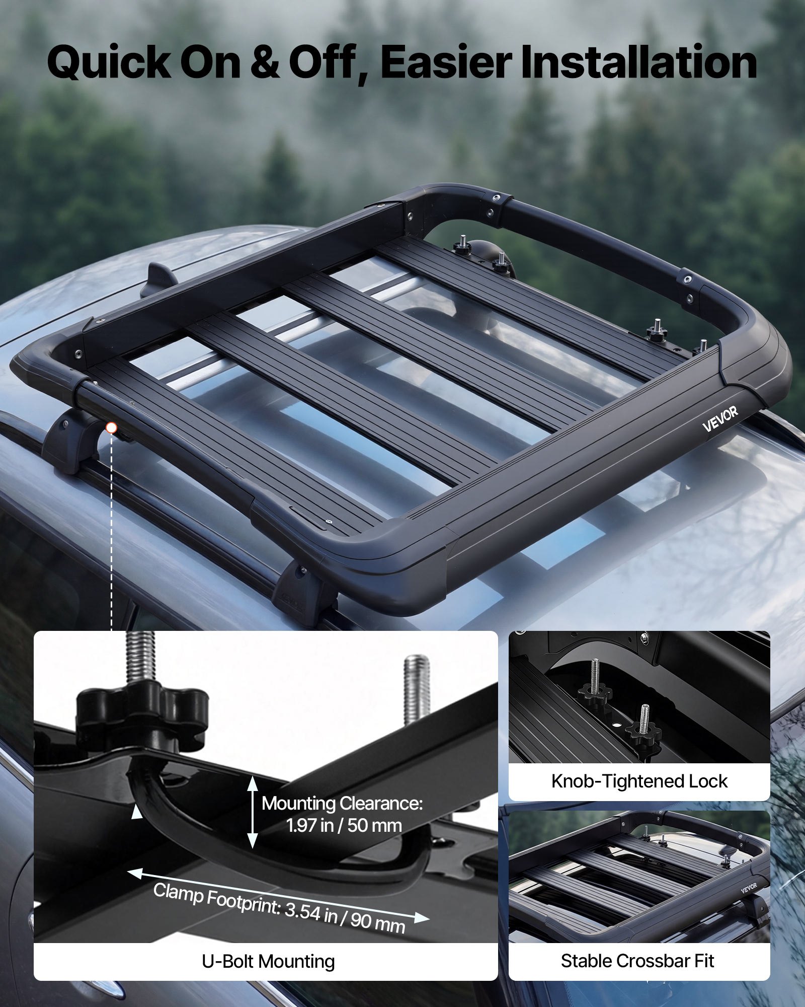 VEVOR Roof Rack Cargo Basket, 38 x 38 x 5.59 in, Universal Heavy Duty Roof Top Carrier Basket, 150 lbs Capacity, All-Weather Car Top Luggage Holder, Fits Crossbars up to 3.54 x 1.97 in, for SUV Truck